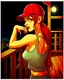 Placeholder: woman with a red baseball hat. leaning on a wooden balcony. night time. fantasy. cartoon. studio lightining.