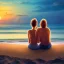 Placeholder: 2 lovers watching the sunset sitting in the sand on a sand island