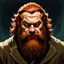 Placeholder: dnd, fantasy, watercolour, stylistic, portrait, illustration, dull colours, male, dwarf, face, bearded, long brows, frugal, weathered face, green eyes, determined, happy, red hair, very long hair streaming down the shoulders, radiating light, five o'clock shadow, softer facial features, dignified