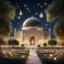 Placeholder: Hyper Realistic Al-Aqsa Mosque between a beautiful garden with celebration lights & fireflies at night with Palestinian people celebrating