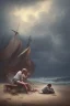 Placeholder: painting of boy next to man sleeping on beach, old clothes, dark storm clouds overhead, gloomy, bleak, shopping trolley, ship at sea, little fires