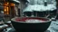 Placeholder: close up an old bowl is full red blood on snowy poor villager courtyard, dramatic atmosphere, in background blur , low light, high detailed, sharp focus, high realistic, perfect photo