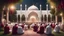 Placeholder: Hyper Realistic lots of men praying outside a Beautiful-Huge-White-&-Maroon Mosque in a beautiful garden with grass-arches, Ramadan-Light-Decorations including flowers & garland-lights with garden-lamps showing dramatic-&-cinematic-ambiance at night