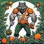 Placeholder: in body hair anthropomorphic wolf-man hybrid wearing a casual t-shirt, pants, and an orange belt, he harvests with his paws large reddish spherical fruits from a dark green bush-like plant. Behind him stands an older anthropomorphic wolf-man hybrid in t-shirt, pants and dark-orange belt. He carries a hoe on his left shoulder. In the background, orange-red fruits grow on other dark green bush-like plants, visible in the distance trees with thick trunks , detailed, scifi, fantasy