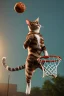 Placeholder: 13k, highly realistic and detailed image of a cat as a NBA basketball player in action dunking the ball in the net, sweaty hair, screaming look,action and explosive background