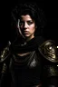 Placeholder: A portrait of a Warrior woman, black hair, beautiful, heavy armor, Caravaggio style