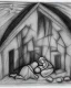 Placeholder: Nativity scene pencil and charcoal manger shading rubble Ukraine