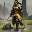Placeholder: Griz the half-orc cleric with her leather boots in the mud. You recall her striking appearance: greenish skin marked with ritual scars, yellow eyes that burned with a rare intelligence. She was an outcast among her own kind, drawn to divine magic despite the taboos. Griz's yellow eyes follow your approach, her stance shifting subtly as you draw closer. The ritual scars on her arms pulse with a faint inner light.