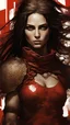 Placeholder: a female warrior with Arabian beauty, long hair, nice eyes, in red khefiya, rusty iron and red armor, extremely muscular body, oil on canvas, art by Michelangelo, Baptist Monge, Alberto Seveso and Russ Mills