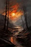 Placeholder: Amazing gloomy landscape, flooded with sunset, mountains, trees, fabulous scary hero, , juicy emotions, painting, dark fantasy, bad weather, gloomy day, dark world, by Raymond Swanland & Alyssa Monks & Anna Razumovskaya