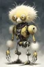 Placeholder: Artist Jean-Baptiste Monge style. A mechanical humanoid pale yellow filament-creature. White furry liquid tendrils. White eyes.