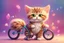 Placeholder: Fluffy tabby cat, adorable kitten, miniature bicycle, whimsical scene, playful concept, vibrant colors, detailed fur texture, charming expression, dynamic composition, cartoonish style, digital art, creative and imaginative, bright and lively palette, joyful atmosphere, skillful rendering, high resolution, skillful lighting to enhance cuteness.