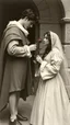 Placeholder: An old picture style of black and white mono very bad quality looks very old camera picture of Romeo is giving a rose to Juliet year 1900