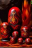 Placeholder: A dark red fiery underground mine with a phoenix designed in Matryoshka nesting dolls painted by Wassily Kandinsky