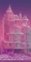 Placeholder: Snoop dogg. a chair. pink houses, pink sky, pink smoke, trees