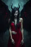 Placeholder: Daughter of Lilith, beautiful, crepy stunning wild woman, stunningly terrifying and powerful personality, with black wings in a dark red dress, long, dark messy hair with black tendrils, with suggestive dark eyes, wonderful, ancient woman, a demonic woman who controls with her strength, power, sharp focus, high detailed, high realistic, pale lights, deep night, eerie atmosphere, dark mystic devilish atmosphere, stunning, masterpeace, cinematic,perfect photo,