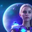 Placeholder: A portrait of a transparent crystalline girl,smiling, longs blond hairs, green eyes, galactic dress, atmospheric, realistic, cinematic lighting, octane render, purple and blue sky, nebula, stars, planets in background, spaceship in background