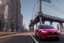 Placeholder: A Tesla 'Semi' (semi truck) is going at a high speed, near the 'Pier 11' in Manhattan. (CINEMATIC, WIDE ANGLE LENS, PHOTO REAL)