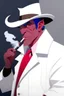 Placeholder: An old male red tiefling wearing a white and blue police comisioner outfit smoking a cig.