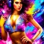 Placeholder: female figure Hardstyle DJ figure silhouette sexy cover pose with in background speakers, Hyperrealistic, splash art, concept art, intricately detailed, color depth, dramatic, colorful background, graffiti art, street art, spray paint, oil gouache melting, acrylic, high contrast, colorful polychromatic, ultra detailed, ultra quality, cinematic, atmospheric, moody,