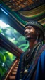 Placeholder: close up portrait of a happy blessed buffalo soldier standing on a throne in a space alien mega structure with stairs and bridges woven into a sacred geometry knitted tapestry hammock over a hill in the middle of lush magic jungle forest, bokeh like f/0.8, tilt-shift lens 8k, high detail, smooth render, down-light, unreal engine, prize winning