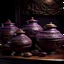 Placeholder: A set of luxurious Chinese ethnic style purple sand pots, intricate and creative carving, exquisite craftsmanship, meticulous texture, exquisite artistic conception, high-quality photography, rich purple sand pot tones, exquisite and realistic design, perfect execution, aesthetic background, artistic talent, professional lighting, display fine details, designed by the famous craftsman ArtStation, with high-end jewelry in the background.