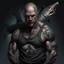 Placeholder: large muscular pale fisherman with Sharkteeth and Tattoos dark realistic art