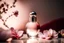 Placeholder: top shot of a perfume bottle on a pink table with flowers, gray spheres in the background, product photography in style of Kodak Portra — style raw — q 2 — s 250 — v 5.2 — ar 9:16