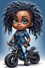 Placeholder: create an airbrush illustration of a chibi cartoon voluptuous black female wearing a blue jean outfit with biker boots. Prominent make up with hazel eyes. Extremely highly detail of a short and shiny twisted dreadlocks. Background of a bike show.