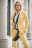 Placeholder: Powerful classical portrait of a modern blonde politician with glasses in her mid 40s wearing a pastel yellow pant suit standing in a elegant position.