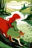 Placeholder: imagen del cuento de caperucita roja cuando ella se asoma al río, con el lobo undiéndose