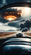 Placeholder: The image shows a photograph with a science fiction theme. Reflected in a side-view mirror, we see a car with passengers, driving on a desolate road. In the background, a large UFO hovers in the sky while multiple explosions erupt in the distance, sending up clouds of smoke and fire. The mirror's border frames this chaotic scene, juxtaposing a calm, seemingly oblivious drive with the dramatic events unfolding behind.