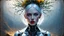 Placeholder: old worn paper, Ethereal bald white woman with thorns, thistles and plant roots on her head, cyberpunk biomechanics digital painting depicting a glowing woman with robotic features, combining human and artificial elements in a gripping sci-fi scene with intricate details and a cinematic atmosphere. Red lips, gold fragments, silver particles, wind, swirls, glare, glow from within, 8K, fine rendering, high detail, hyperrealism, high resolution, multi-layered, hyperdetail, hyperfocus,