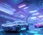 Placeholder: futuristic city landscape, flying cars, robots, blue and purple neon