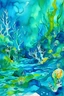 Placeholder: Watercolor, abstract, impressionist, not much detail patterns: Dive into the dreamlike world of underwater caves, where abstract forms of blues and greens create a sense of mystery and exploration on the coloring page.