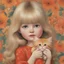 Placeholder: 1970s, blond Little girl in red, long hair parted in the middle, hugging an orange cat, singing in the style of Margaret Keane, huge brown eyes, flowered wallpaper,