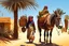 Placeholder: a young girl with a child rides a donkey through the desert, an old man loaded with goods walks nearby. Hot sun, palm trees,