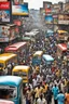 Placeholder: African busy street with a bus and people an abstract colourful crowds, old shops,Coca Cola and Pepsi billboards