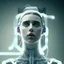 Placeholder: singer Danish MØ face, lumen lighting, led lights, <hanging wires> many wires connected to the head<perfect pupil> <cyborg> <garage> <sci-fi futuristic>