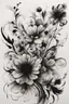 Placeholder: A large drawing with brushstrokes and very defined details of abstract floral design black ink on white background