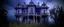 Placeholder: A purple haunted mansion covered in cobwebs painted by Claude Monet