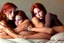 Placeholder: digital art of beautiful auburn hair teenage laracroft girls with grandpa in a bed, hugging grandpa bare lips