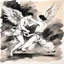 Placeholder: [traditional Chinese brush, expressive line, ink washes] Jacob wrestling with angel