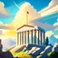 Placeholder: mount olympus from the greek mythology. High up in the mountains. Illustration. Cloudy. Sun behind the temple of Zeus.