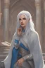 Placeholder: Dnd character on her knees. A female Aaismar twilight cleric with white hair and blue eyes, wearing gray robes. Etreal, beautiful, sexy