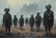 Placeholder: marching machine soldiers, creepy landscape, techno gothic visual composition, science fiction painting, Denis Sarazhin, Quint Buchholz, Simon Stålenhag, Neil Blomkamp, Christopher Shy, Alejandro Burdisio, RAW, gritty high contrast, atmospheric horror, unsettling art, dark palette, harsh colour