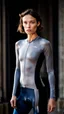 Placeholder: photography of a beautiful anorexic woman, grey satin triathlon top, brunette wavy bob haircut, flat chest, grey satin cycling leggins