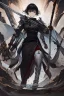 Placeholder: Anime girl with short black hair and sharp green eyes, holding a pike, full body black and white metal plate armour, full body shot, Dramatic lighting,1woman, soaked in blood, Warrior, standing pose, sword at the waist, close shot