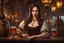 Placeholder: A young woman with pale skin and long brown hair in a fantasy tavern setting with intricate details. She is smirking, a tavern wench pouring a glass of whiskey, has intense red eyes, intimidating presence. High definition.