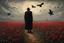 Placeholder: Childe Roland to the Dark Tower Came, standing in a proliferous field of faded red roses, a crow is flying; style Caspar David Friedrich